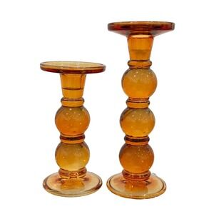 Vintage Amber Glass Pillar Pedestal Candle Holders Set of 2